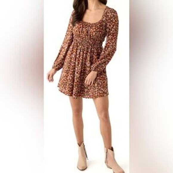 Oak & Trellis Dresses & Skirts - NWT Oak & Trellis Brown Floral Mini Dress Women’s Small Long Sleeve Fall Holiday